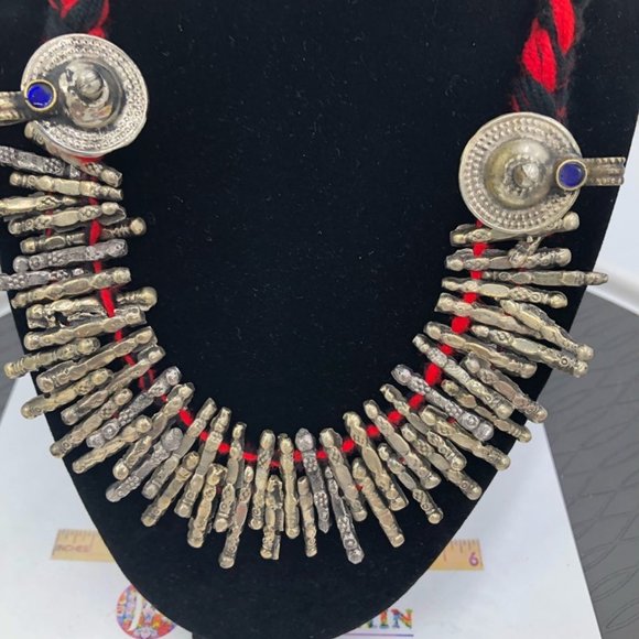 Red Handmade Metal Choker Necklace, Spikes Choker Antique Necklace, Kuchi Tribal - Picture 6 of 9